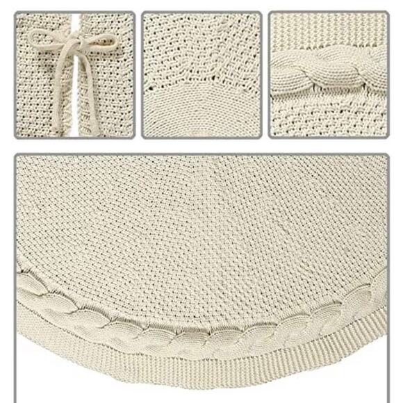36” Cream Cable Knit Christmas Tree Skirt Thick Rustic Knit with Ties New in Box - Picture 4 of 9